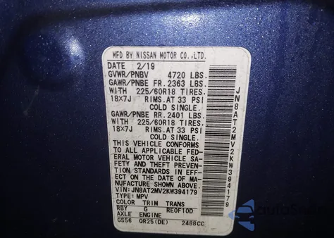 2019 Nissan Rogue Sv z USA, uszkodzony, nr VIN JN8AT2MV2KW394179